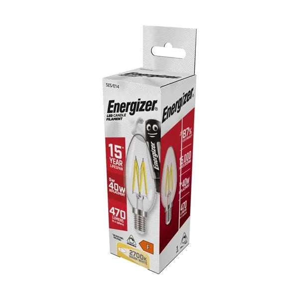 S12856 Energizer LED Filament Candle E14 (SES) 470lm 5W 2,700K (Warm White) Dimmable