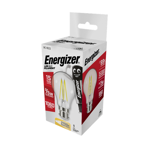 S12857 ENERGIZER FILAMENT LED GLS 1060LM 8W B22 (BC) 2,700K (WARM WHITE), PACK OF 1