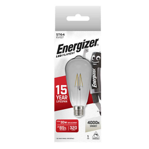 S15030 ENERGIZER FILAMENT SMOKEY LED ST64 320LM 4.5W E27 (ES) 4,000K (COOL WHITE) DIMMABLE, PACK OF 1