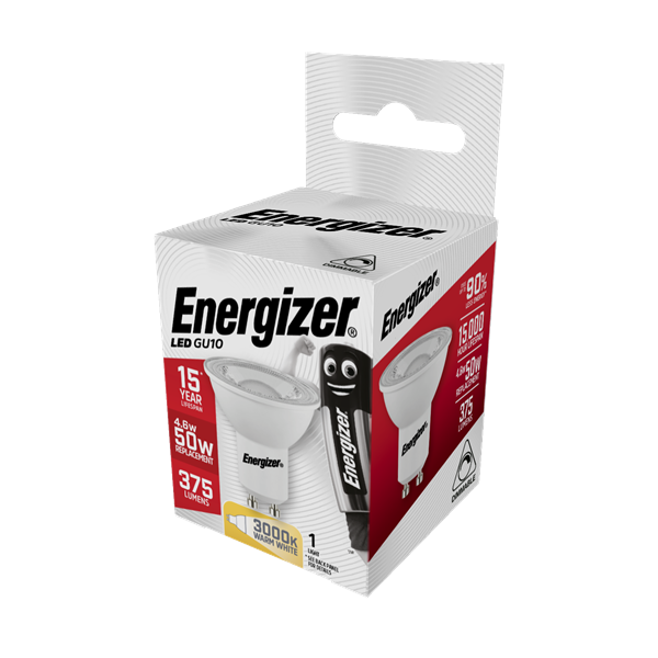 S8826 ENERGIZER LED GU10 375LM 4.6W 3,000K (WARM WHITE) DIMMABLE, PACK OF 1