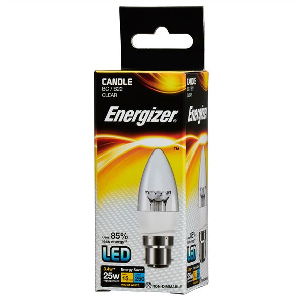 S8846 ENERGIZER LED CANDLE 250LM 3.3W CLEAR B22 (BC) 2,700K (WARM WHITE), PACK OF 1