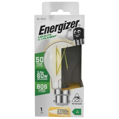 Energizer A Rated LED Elite GLS B22 Filament 806lm 3.8W 2700K Warm White S29630