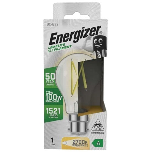 Energizer A Rated LED Elite GLS B22 Filament 1521lm 7.2W 2700k Warm White S29634