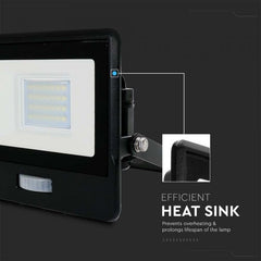 V-TAC -30-S 30W SMD Pir Sensor Floodlight With Samsung Chip Colorcode:4000K BLACK BODY GREY GLASS