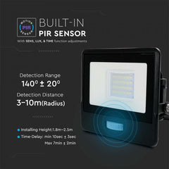 V-TAC -10-S 10W SMD Pir Sensor Floodlight With Samsung Chip Colorcode:4000K Black Body Grey Glass
