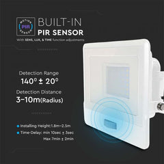 V-TAC 50-S 50W SMD Pir Sensor Floodlight With Samsung Chip Colorcode:4000k White Body White Glass