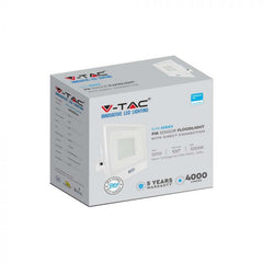 V-TAC 50-S 50W SMD Pir Sensor Floodlight With Samsung Chip Colorcode:4000k White Body White Glass