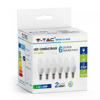 VT-2246 5.5W LED Plastic Candle Bulb Colorcode:2700K E14 6PCS/PACK
