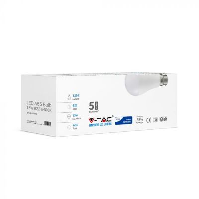 V-TAC 281 15W A65 Plastic Bulb With Samsung Chip Colorcode:6400K B22 12PCS/PACK
