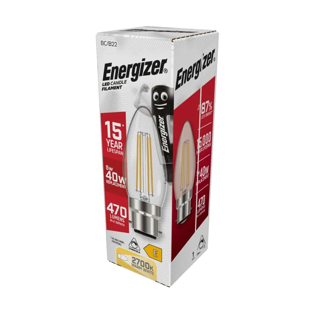 Energizer LED Filament Candle B22 (BC) 470lm 5W 2,700K (Warm White) Dimmable, Pack of 5