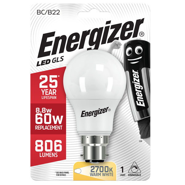 ENERGIZER LED GLS 806LM 8.8W B22 (BC) 2,700K (WARM WHITE) DIMMABLE, PACK OF 1