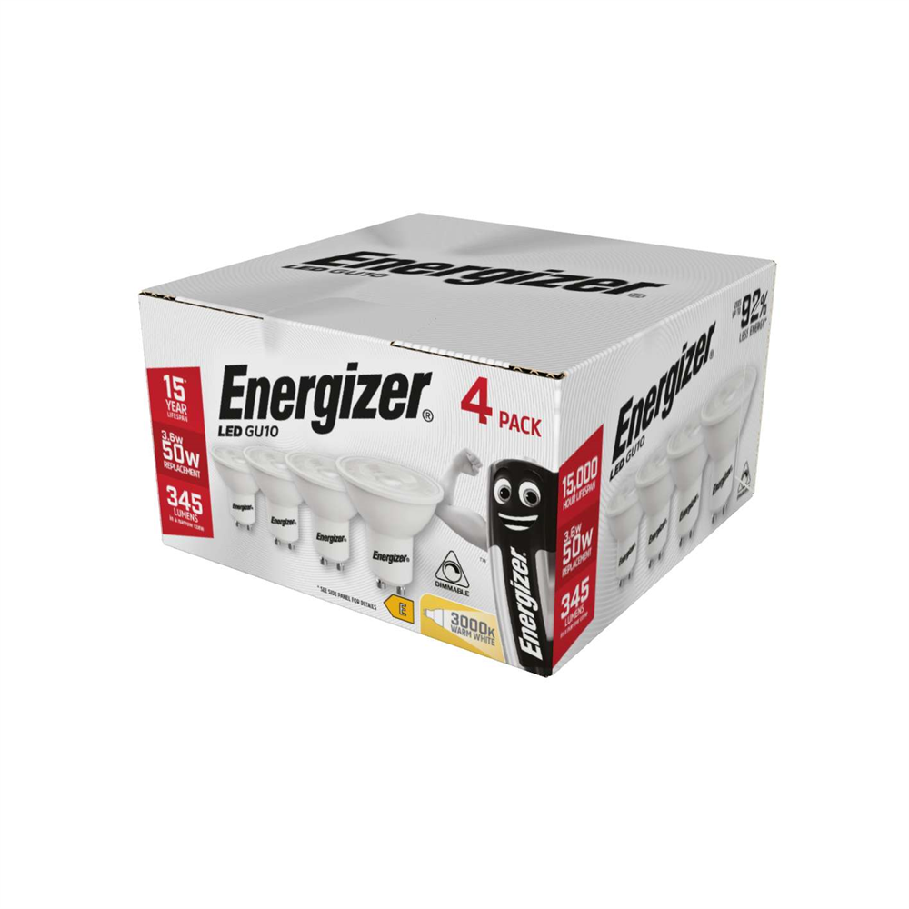 S10327 ENERGIZER LED GU10 375LM 3.6W 3,000K (WARM WHITE) DIMMABLE, PACK OF 4