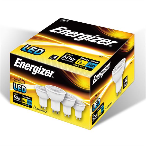 S10328 ENERGIZER LED GU10 375LM 4.6W 4,000K (COOL WHITE) DIMMABLE, PACK OF 4