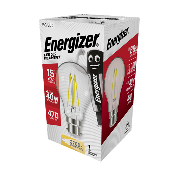 S12849 ENERGIZER FILAMENT LED GLS 470LM 4.8W B22 (BC) 2,700K (WARM WHITE) DIMMABLE, PACK OF 1