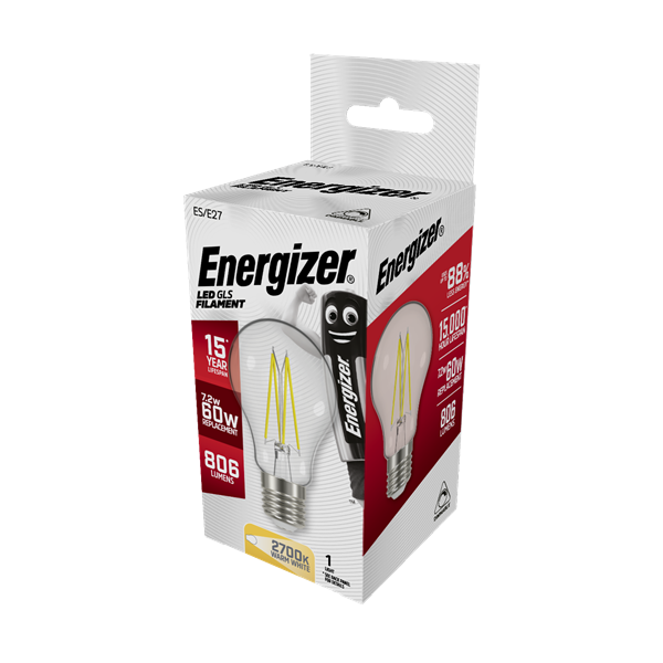 S12852 ENERGIZER FILAMENT LED GLS 806LM 7.2W E27 (ES) 2,700K (WARM WHITE) DIMMABLE, PACK OF 1