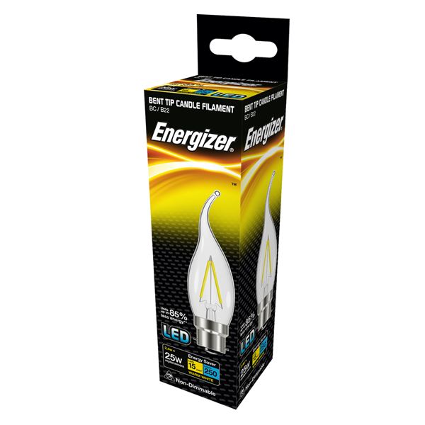 S12853 ENERGIZER FILAMENT LED CANDLE 250LM 2.3W B22 (BC) 2,700K (WARM WHITE), PACK OF 1