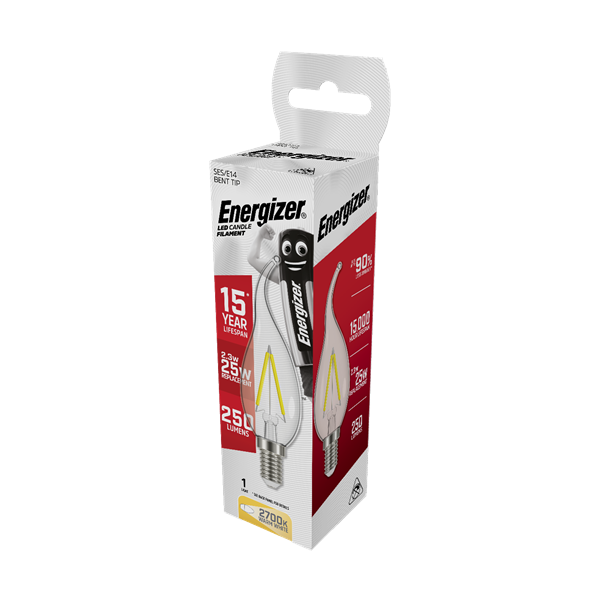 S12854 ENERGIZER FILAMENT LED CANDLE 250LM 2.3W E14 (SES) 2,700K (WARM WHITE), PACK OF 1