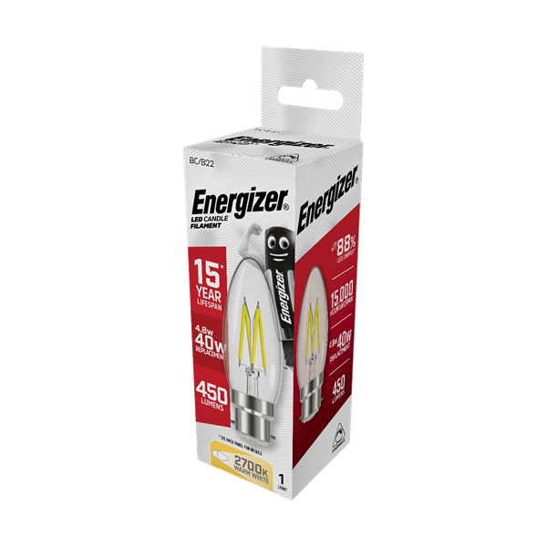 S12855 ENERGIZER FILAMENT LED CANDLE 470LM 4W B22 (BC) 2,700K (WARM WHITE) DIMMABLE, PACK OF 1