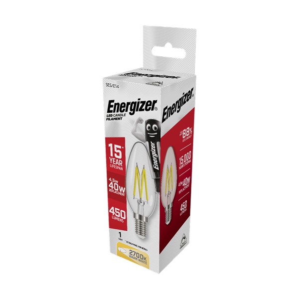 S12856 ENERGIZER FILAMENT LED CANDLE 470LM 4.8W E14 (SES) 2,700K (WARM WHITE) DIMMABLE, PACK OF 1