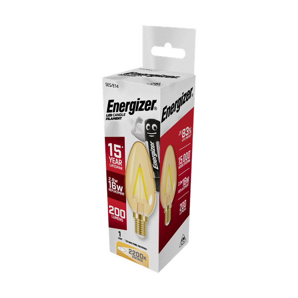 S12861 ENERGIZER FILAMENT GOLD LED CANDLE 200LM 2.6W E14 (SES) 2,200K (WARM WHITE), PACK OF 1