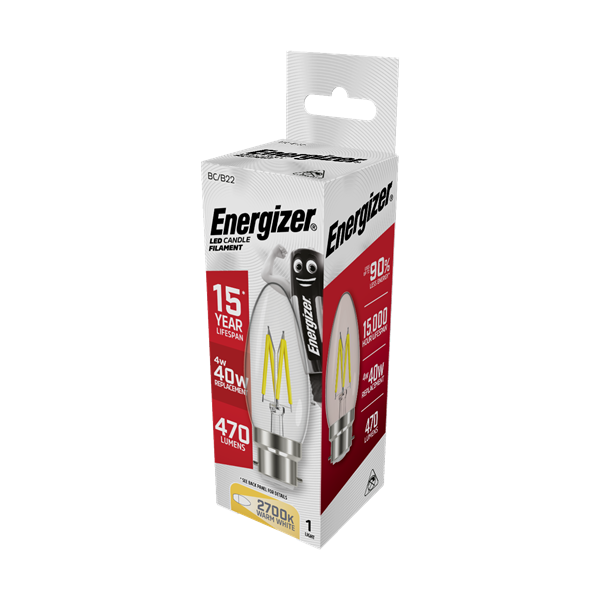 S12868 ENERGIZER FILAMENT LED CANDLE 470LM 4W B22 (BC) 2,700K (WARM WHITE), PACK OF 1