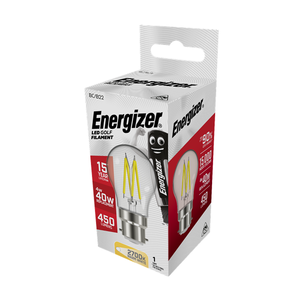 S12871 ENERGIZER FILAMENT LED GOLF 470LM 4W B22 (BC) 2,700K (WARM WHITE), PACK OF 1