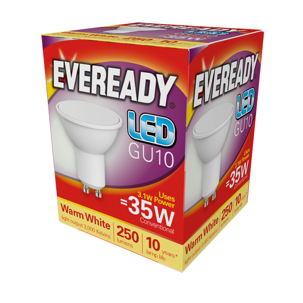 Eveready 3W GU10 LED - Wide Beam Angle - 235lm - 3000K - Non Dimmable