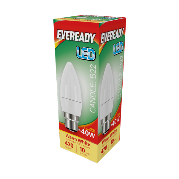 Eveready 6W B22 Candle LED - 40W Replacement - 470lm - 3000K - Non Dimmable