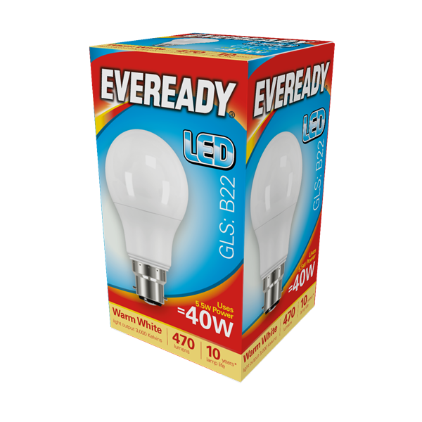 Eveready 5.5W B22 GLS LED - 40W Replacement - 470lm - 3000K - Non Dimmable