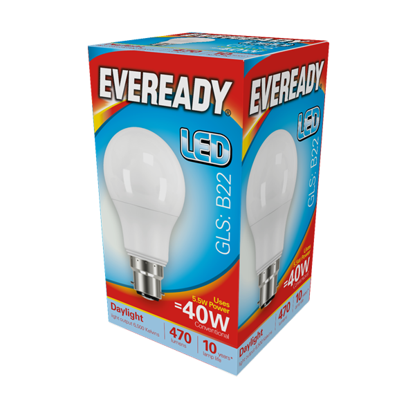 Eveready 5.5W B22 GLS LED - 40W Replacement - 480lm - 6500K - Non Dimmable