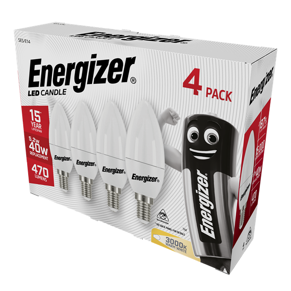 S14330 ENERGIZER LED CANDLE 470LM 5.2W OPAL E14 (SES) 3,000K (WARM WHITE), PACK OF 4