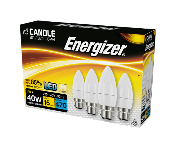 S14331 ENERGIZER LED CANDLE 470LM 5.2W OPAL B22 (BC) 3,000K (WARM WHITE), PACK OF 4