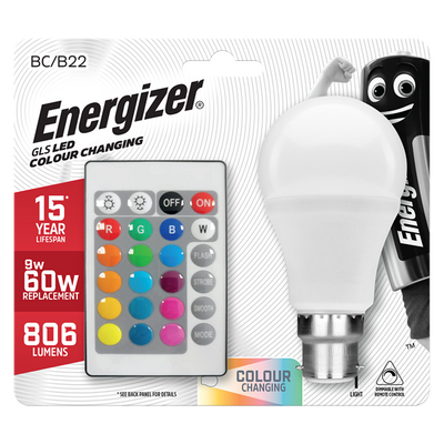 Energizer 9W B22 GLS LED - 60W Replacement - 806lm - RGB+W - Dimmable