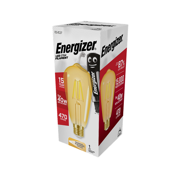 S15026 ENERGIZER FILAMENT GOLD LED ST64 470LM 5W E27 (ES) 2,200K (WARM WHITE) DIMMABLE, PACK OF 1