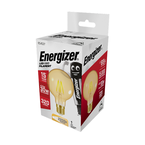 S15027 ENERGIZER FILAMENT GOLD LED G80 470LM 5W E27 (ES) 2,200K (WARM WHITE) DIMMABLE, PACK OF 1