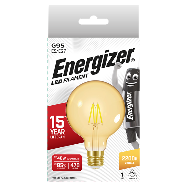 S15028 ENERGIZER FILAMENT GOLD LED G95 470LM 5W E27 (ES) 2,200K (WARM WHITE) DIMMABLE, PACK OF 1