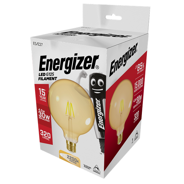 S15029 ENERGIZER FILAMENT GOLD LED G125 470LM 5W E27 (ES) 2,200K (WARM WHITE) DIMMABLE, PACK OF 1