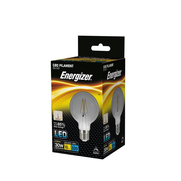 S15031 ENERGIZER FILAMENT SMOKEY LED G80 320LM 4.5W E27 (ES) 4,000K (COOL WHITE) DIMMABLE, PACK OF 1