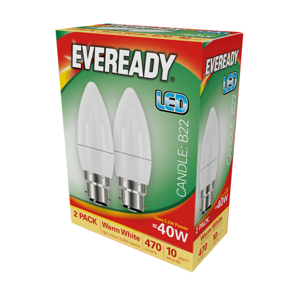 S15297 Eveready Led Candle 470LM Opal B22 (BC) Warm White, Pack Of 2