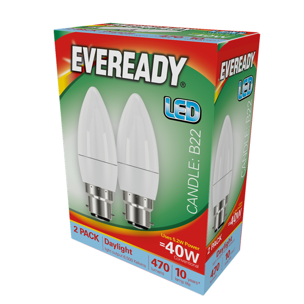 S15298 Eveready Led Candle 480LM Opal B22 (BC) Daylight, Pack Of 2