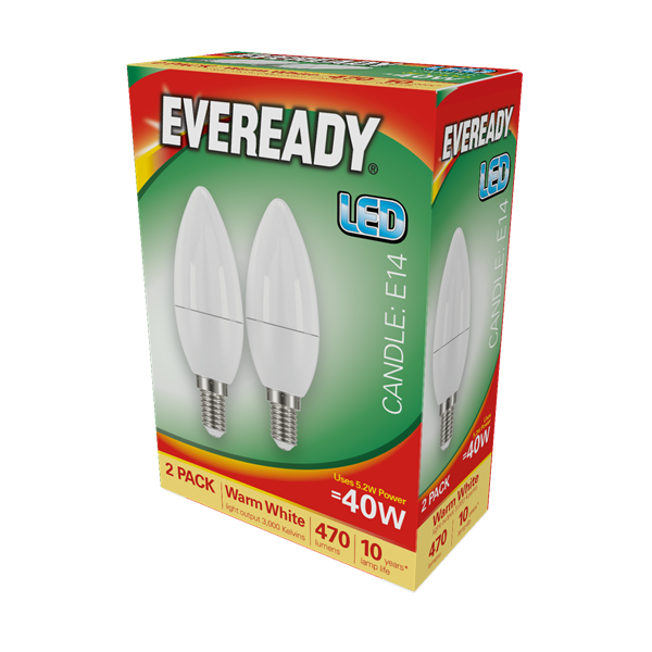 S15299 Eveready Led Candle 470LM Opal E14 (SES) Warm White, Pack Of 2