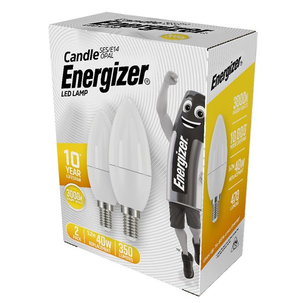 S16706 ENERGIZER LED CANDLE E14 (SES) 470LM 5.2W 3,000K (WARM WHITE), PACK OF 2