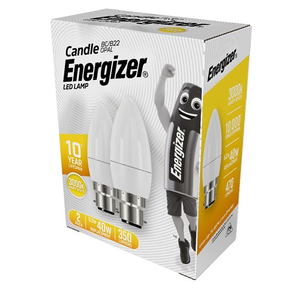 S16707 ENERGIZER LED CANDLE B22 (BC) 470LM 5.2W 3,000K (WARM WHITE), PACK OF 2