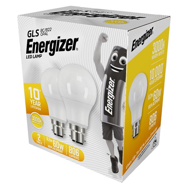 S16709 ENERGIZER LED GLS B22 (BC) 806LM 8.2W 3,000K (WARM WHITE), PACK OF 2