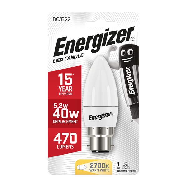 S8699 ENERGIZER LED CANDLE 470LM 5.2W OPAL B22 (BC) 2,700K (WARM WHITE), PACK OF 1