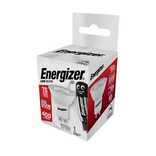 S8827 ENERGIZER LED GU10 345LM 3.6W 4,000K (COOL WHITE) DIMMABLE, PACK OF 1