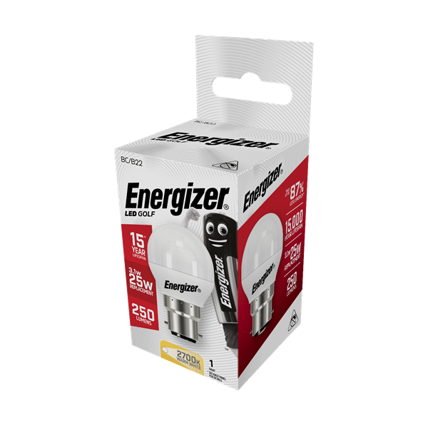 S8834 ENERGIZER LED GOLF 250LM 3.1W OPAL B22 (BC) 2,700K (WARM WHITE), PACK OF 1