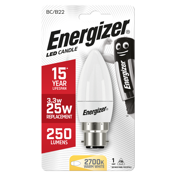 S8844 ENERGIZER LED CANDLE 250LM 3.3W OPAL B22 (BC) 2,700K (WARM WHITE), PACK OF 1