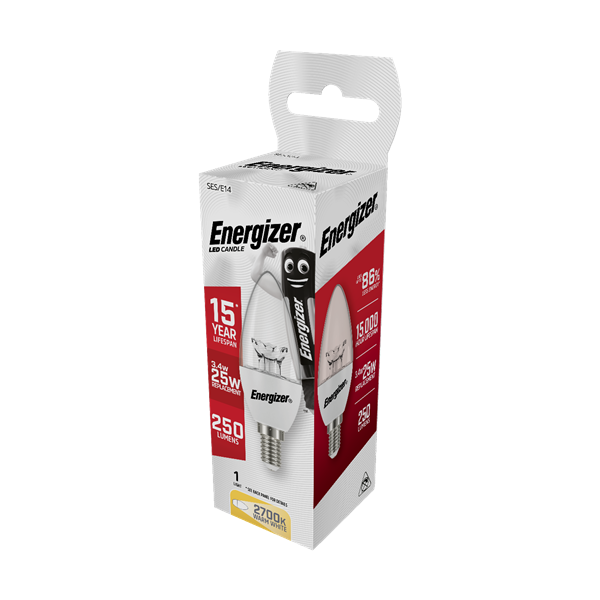 S8847 ENERGIZER LED CANDLE 250LM 3.3W CLEAR E14 (SES) 2,700K (WARM WHITE), PACK OF 1