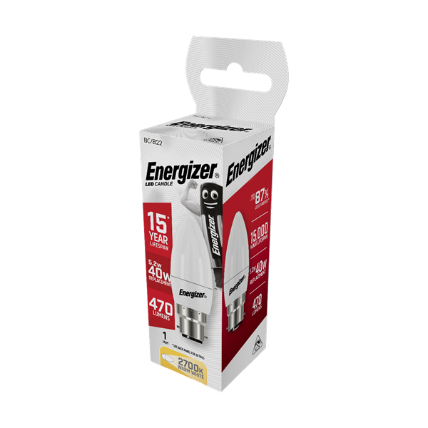 S8850 ENERGIZER LED CANDLE 470LM 5.2W OPAL B22 (BC) 2,700K (WARM WHITE), PACK OF 1